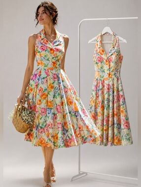 Vintage Mia Floral Fit & Flare Dress Pleated Sleeveless Summer Cottagecore